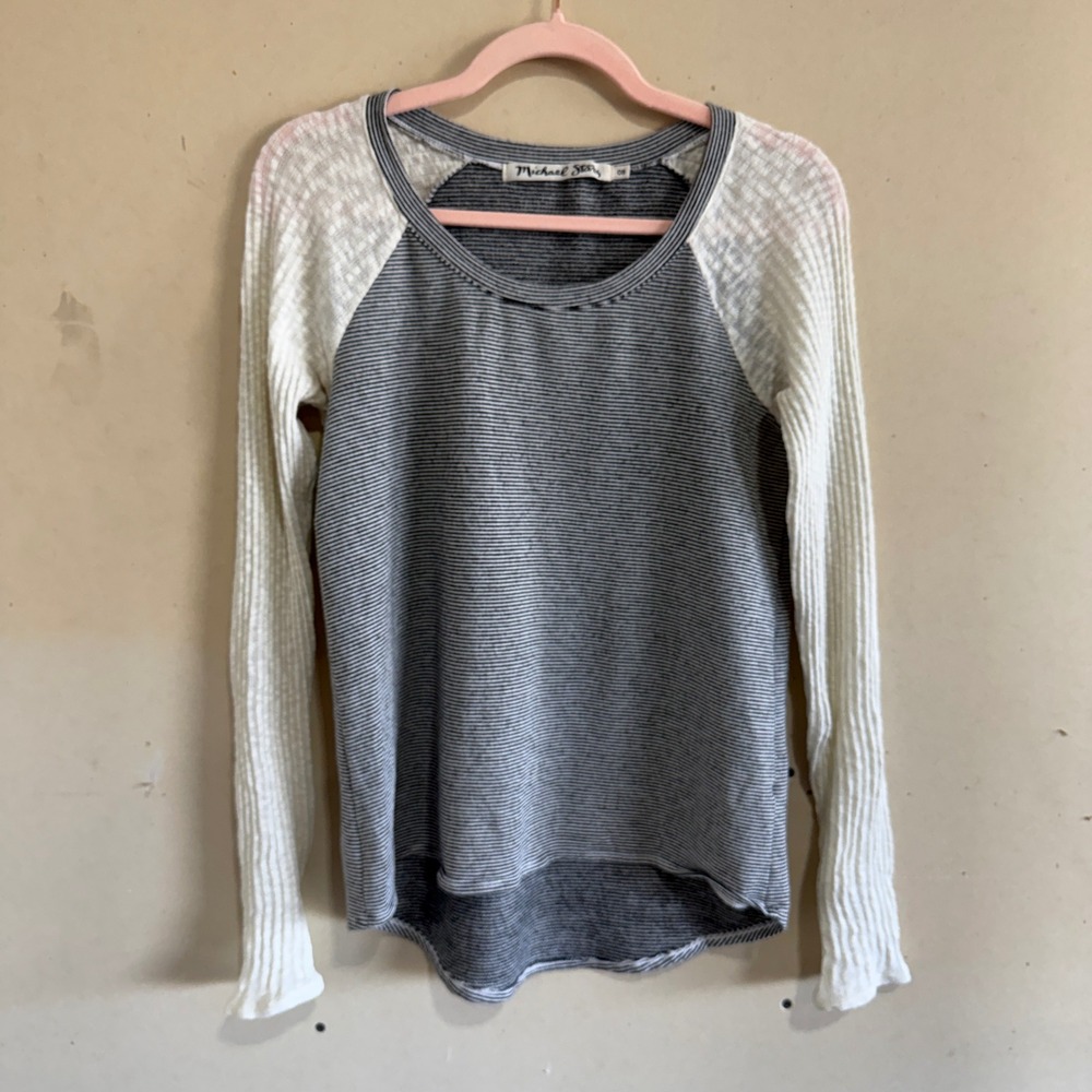 Michael Stars Grey White Striped Raglan Long Sleeve Top OS